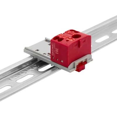 ДКС Блок распределительный с верт. адаптером на рейки шириной 15/35мм, зажим push-in, 1 ввод 6 кв.мм, 4 точки подключения 2,5 кв.мм, красный DTP1-104-104SPUR-V DKC