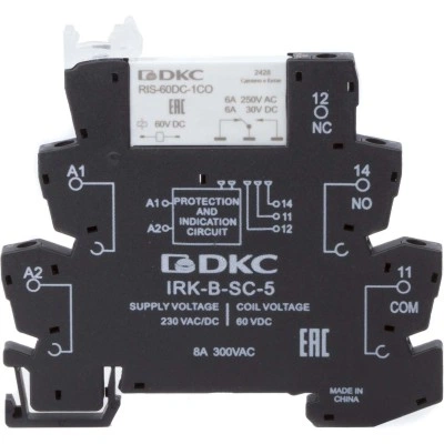 ДКС Реле интерфейсное, 1CO, ком. ток 6А, AgSnO2, напряжение 230V AC/DC, винтовые клеммы. IRK-230UC-1CO DKC