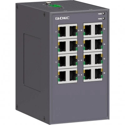 ДКС Промышленный неуправляемый коммутатор, 16×10/100Base-T(X) портов RJ45,12-48В DC/18-30В AC, с резервированием N1000-16T-P2 DKC