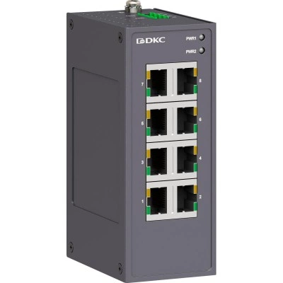 ДКС Промышленный неуправляемый коммутатор, 8×10/100Base-T(X) портов RJ45,12-48В DC/18-30В AC, с резервированием N1000-8T-P2 DKC
