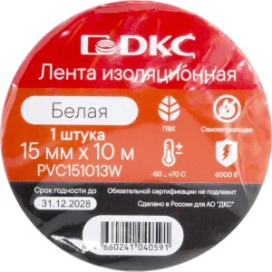 ДКС Лента изоляционная ПВХ 15x0,13 10м в рулоне Белая PVC151013W DKC ДКС Лента изоляционная ПВХ 15x0,13 10м в рулоне Белая PVC151013W DKC