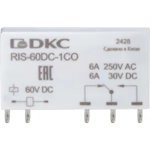 ДКС Реле миниатюрное ультратонкое, 1CO, ком. ток 6А, AgSnO2, напряжение 60V DC RIS-60DC-1CO DKC ДКС Реле миниатюрное ультратонкое, 1CO, ком. ток 6А, AgSnO2, напряжение 60V DC RIS-60DC-1CO DKC