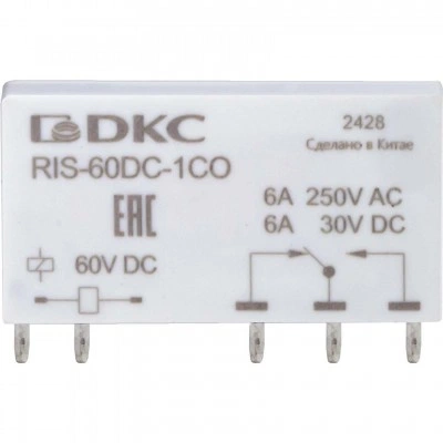 ДКС Реле миниатюрное ультратонкое, 1CO, ком. ток 6А, AgSnO2, напряжение 60V DC RIS-60DC-1CO DKC ДКС Реле миниатюрное ультратонкое, 1CO, ком. ток 6А, AgSnO2, напряжение 60V DC RIS-60DC-1CO DKC
