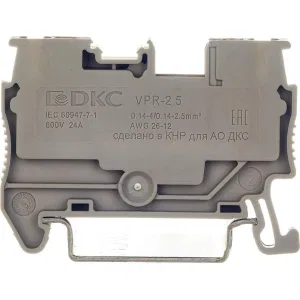 ДКС Клемма проходная, зажим push-in, 2 точки подключения, 2.5 кв.мм, серая VPR-2.5-GY DKC ДКС Клемма проходная, зажим push-in, 2 точки подключения, 2.5 кв.мм, серая VPR-2.5-GY DKC